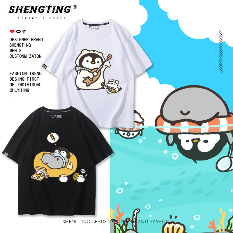 元气小企鹅Q版可爱卡通短袖T恤男女情侣夏季纯棉宽松休闲百搭半袖