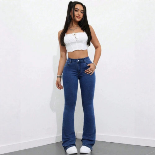亚马逊跨境JEANS牛仔裤女工艺弹力深蓝百搭简约喇叭修身一件代发