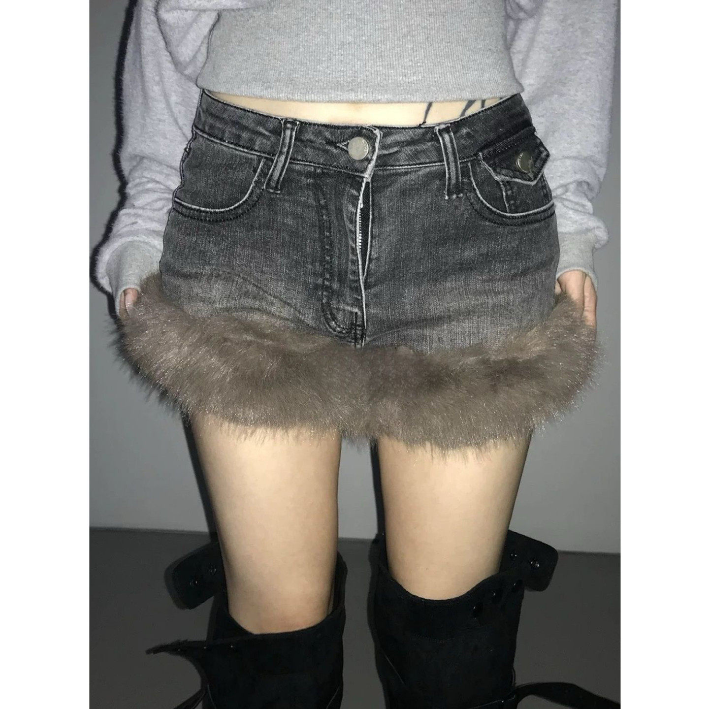 大码美式辣妹毛毛拼接牛仔短裤女低腰修身性感热裤毛毛边包臀靴裤,女装/女士精品,大码裤装,淘宝优惠券,粉丝福利购,淘宝优惠卷