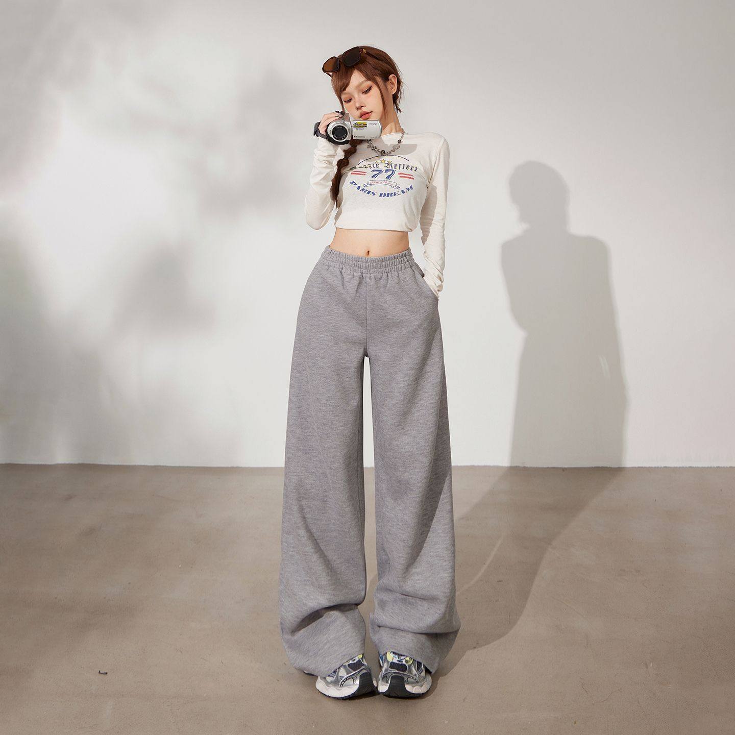 美式复古宽松阔腿裤松紧腰垂感百搭秋冬加厚直筒休闲裤女,女装/女士精品,休闲裤,淘宝优惠券,粉丝福利购,淘宝优惠卷