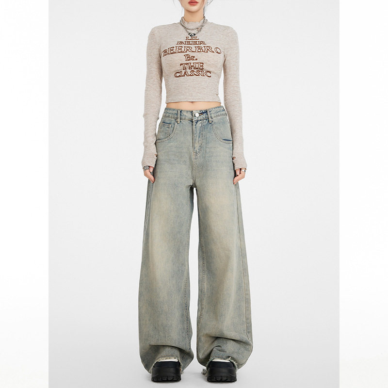 春季新品复古水洗做旧毛边阔腿牛仔裤时尚百搭高腰显瘦直筒拖地裤,女装/女士精品,牛仔裤,淘宝优惠券,粉丝福利购,淘宝优惠卷