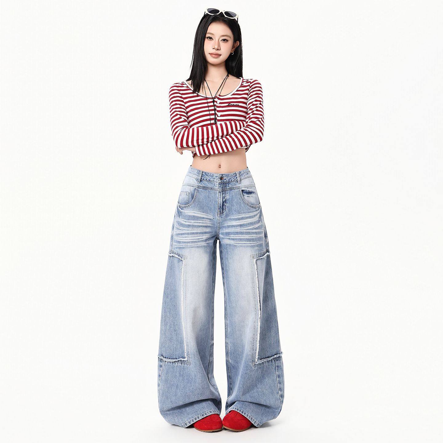 2026春季新款 美式复古水洗蓝侧缝设计立体感牛仔裤女宽松阔腿裤,女装/女士精品,牛仔裤,淘宝优惠券,粉丝福利购,淘宝优惠卷