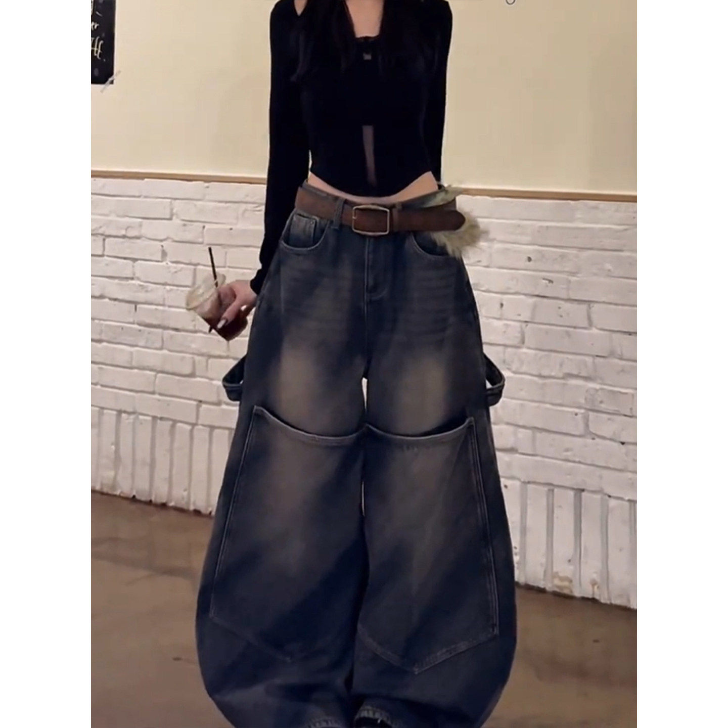 美式辣妹宽松慵懒松弛感大口袋牛仔裤子女复古做旧水洗拖地弯刀裤,女装/女士精品,牛仔裤,淘宝优惠券,粉丝福利购,淘宝优惠卷