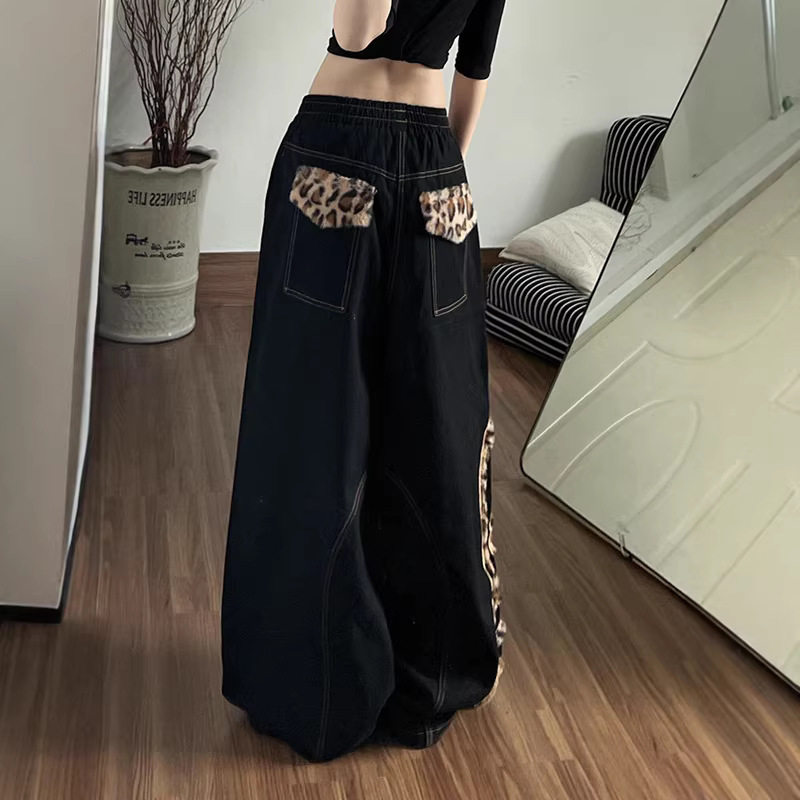 美式复古豹纹拼接弯刀牛仔裤女冬季2025新款低腰宽松直筒阔腿裤子,女装/女士精品,牛仔裤,淘宝优惠券,粉丝福利购,淘宝优惠卷