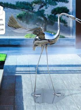 现货镜面不锈钢仙鹤雕塑户外花园庭院草坪景观装饰火烈鸟白鹭摆件