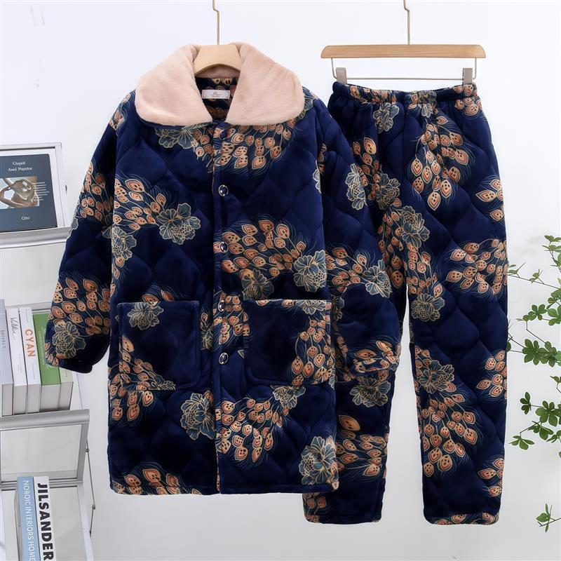 妈妈女士冬季特厚三层夹棉睡衣安徽湖南省服女款加大码家居服棉衣