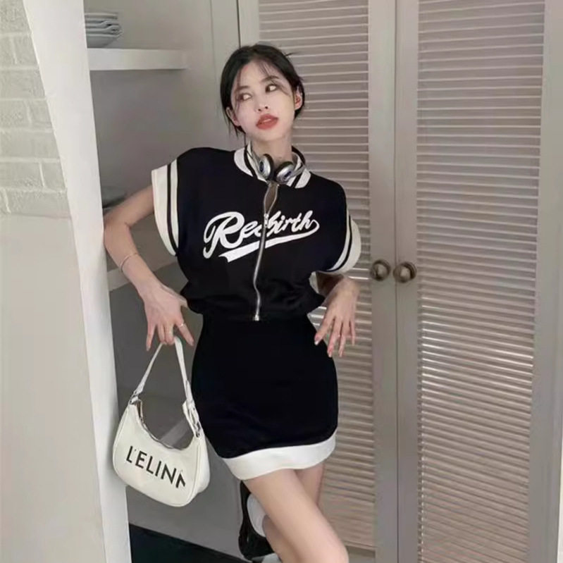 美式气质圆领设计感棒球服马甲外套显瘦撞色背心连衣裙夏季两件套