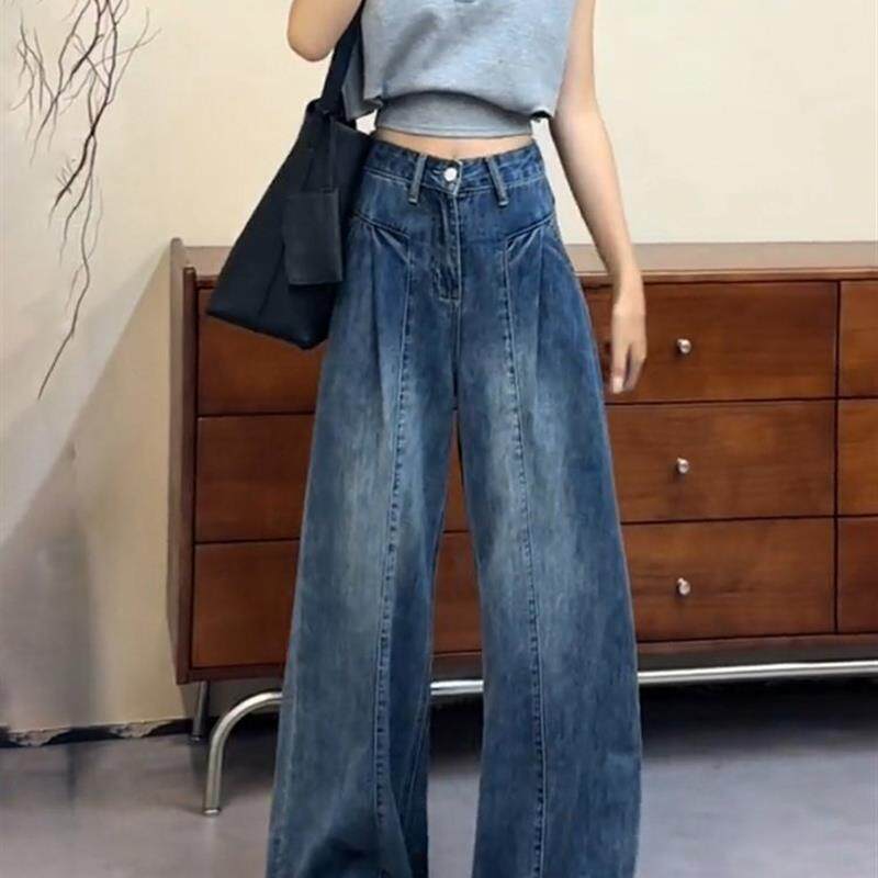 美式深蓝色加绒加厚复古直筒牛仔裤女冬季大码胖mm宽松垂感阔腿裤