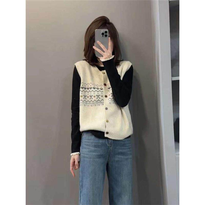 复古减龄chic圆领无袖上衣针织开衫秋冬软糯坎肩马甲单排扣背心女