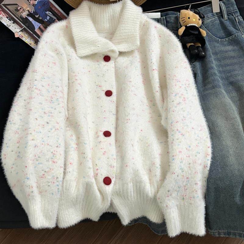 韩系甜美彩点白色水貂绒毛衣外套女早春宽松慵懒风针织开衫上衣潮