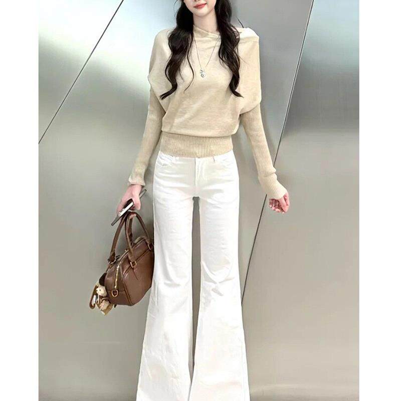 美式白色加绒加厚微喇牛仔裤女秋冬新款弹力修身显瘦直筒拖地裤子