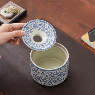 榜盛汝窑青花缠枝莲漏斗式烟灰缸带盖防飞灰家用客厅高级感烟缸