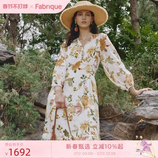 Fabrique澄光玫瑰灯笼袖印花连衣裙女2025夏季新款休闲度假波嬉风