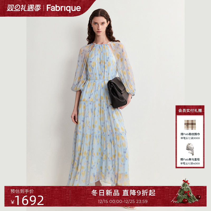 Fabrique欧若风薄纱印花七分袖连衣裙女度假风长裙2025夏季新品