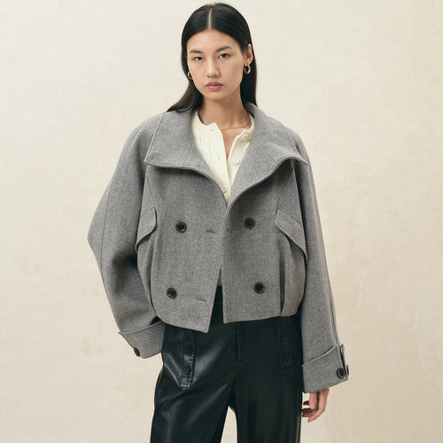 【本周新品】Fabrique 曼哈顿时区海鸥灰薄毛呢立领花苞短款大衣