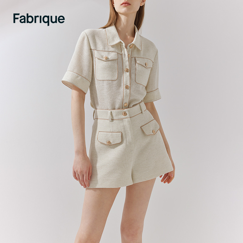Fabrique海军风粗花呢金属扣短袖衬衫2023夏季新款芭比套装女上衣