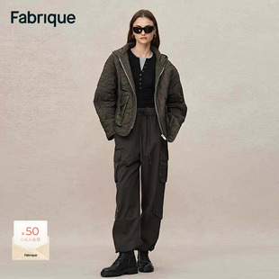 新品 棉服外套女冬季 绗缝工装 Fabrique丛林绿皮质贴袋短款