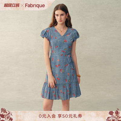 Fabrique 牛仔蓝樱桃印花桑蚕丝系带法式茶歇连衣裙26年春夏新品