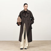 Fabrique灰咖色绵羊毛山羊绒风衣式 新款 长款 女士系带大衣2025冬季