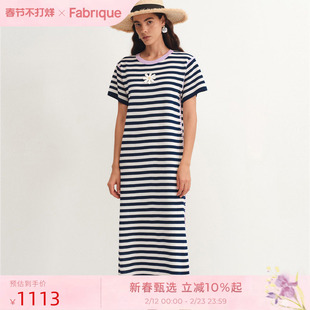 Fabrique 小雏菊刺绣条纹微透针织短袖长款T恤连衣裙夏新品