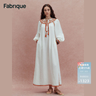 Fabrique复古红撞色刺绣亚麻系带白色连衣裙春夏女装休闲裙子