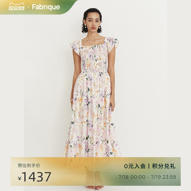 Fabrique鸢尾裙紫纯棉印花方领小飞袖连衣裙2025夏季新品碎花长裙
