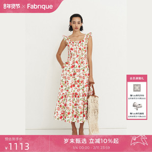 Fabrique玫瑰印花棉小飞袖束腰连衣裙2025夏季新品