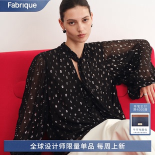 上衣女 Fabrique亮丝波点剪花真丝V领飘带衬衫 2025年夏季 长袖 小衫