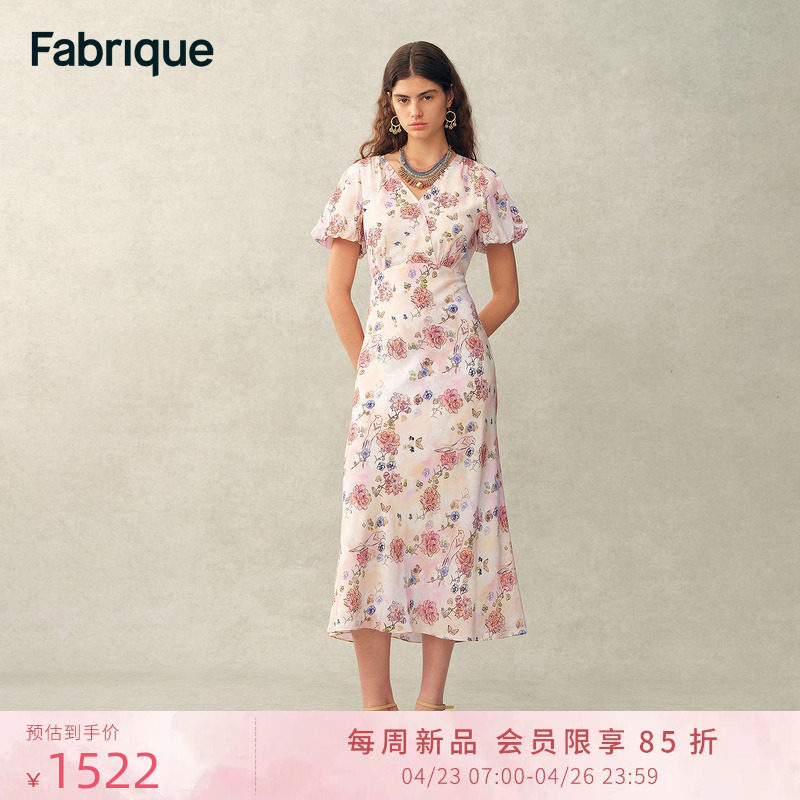 【本周新品】Fabrique 勒芒花信印花法式泡泡袖V领收腰连衣裙