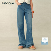 2026年早春新品 Fabrique 复古蓝纯棉佩斯利纹波嬉风阔腿牛仔裤