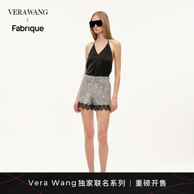 Fabrique x Vera Wang 银色爆闪亮片拼接蕾丝松紧腰短裤2026年春