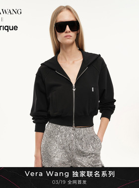 Fabrique x Vera Wang经典黑薄款棉质截短收腰连帽拉链卫衣外套女