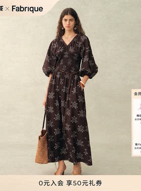 Fabrique冷萃瑰夏 印花纯棉长袍式V领七分袖连衣裙2026年春夏新品