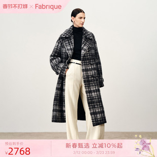 Fabrique黑白格纹绵羊毛重磅毛呢配腰带翻领长款大衣2025年冬新品