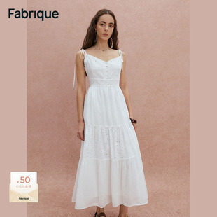 Fabrique天丝亚麻刺绣蕾丝拼接连衣裙25夏季 白色波嬉吊带裙子 新品