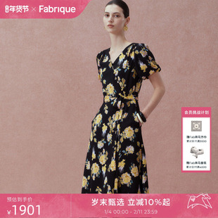 Fabrique黄玫瑰桑蚕丝度假风围裹式茶歇连衣裙夏新款真丝裙