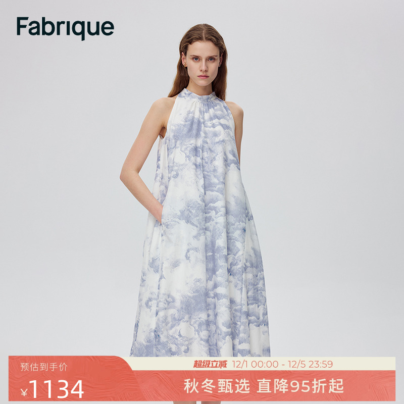 Fabrique浮云裙桑蚕丝棉立领飘带无袖连衣裙