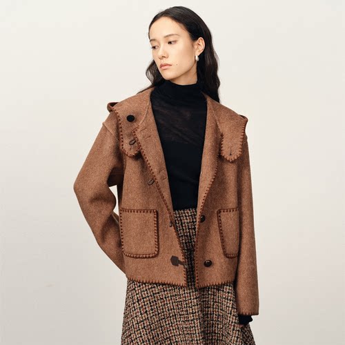 【大乐严选】Fabrique伯爵红茶绵羊毛羊驼毛搭扣刺绣连帽大衣
