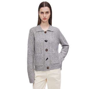 Fabrique 雾灰色异形纽扣绵羊毛翻领复古钩花开衫女秋季新品