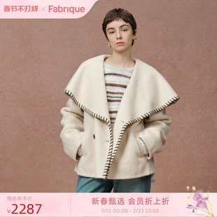 Fabrique奶霜绵羊毛真丝手工锁边斗篷毛呢短款大衣女2025冬季新款