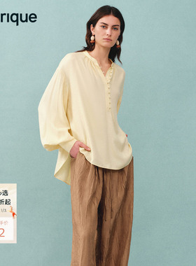 Fabrique ESSENTIAL鹅黄色春夏女装新品桑蚕丝薄复古灯笼袖衬衫