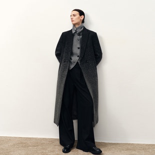 Fabrique芝麻点渐变人字纹绵羊毛直身廓形感毛呢大衣2025冬季新品