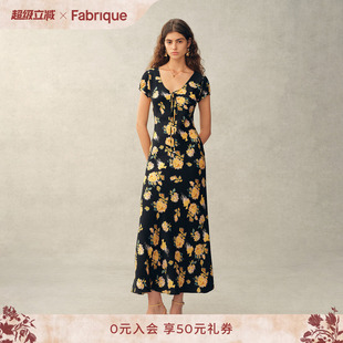 Fabrique 黄玫瑰印花桑蚕丝斜裁短袖U领收腰连衣裙