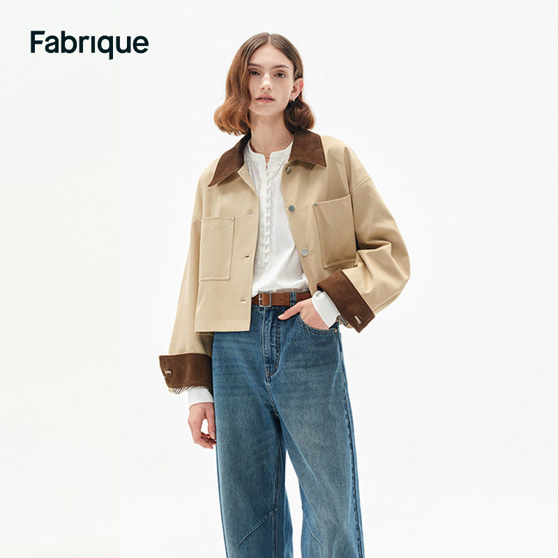 Fabrique 浅卡其斜纹棉撞色翻领短款夹克2025春新品