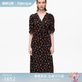 法式 茶歇裙 新款 Fabrique桑蚕丝樱桃印花碎花度假连衣裙女夏季