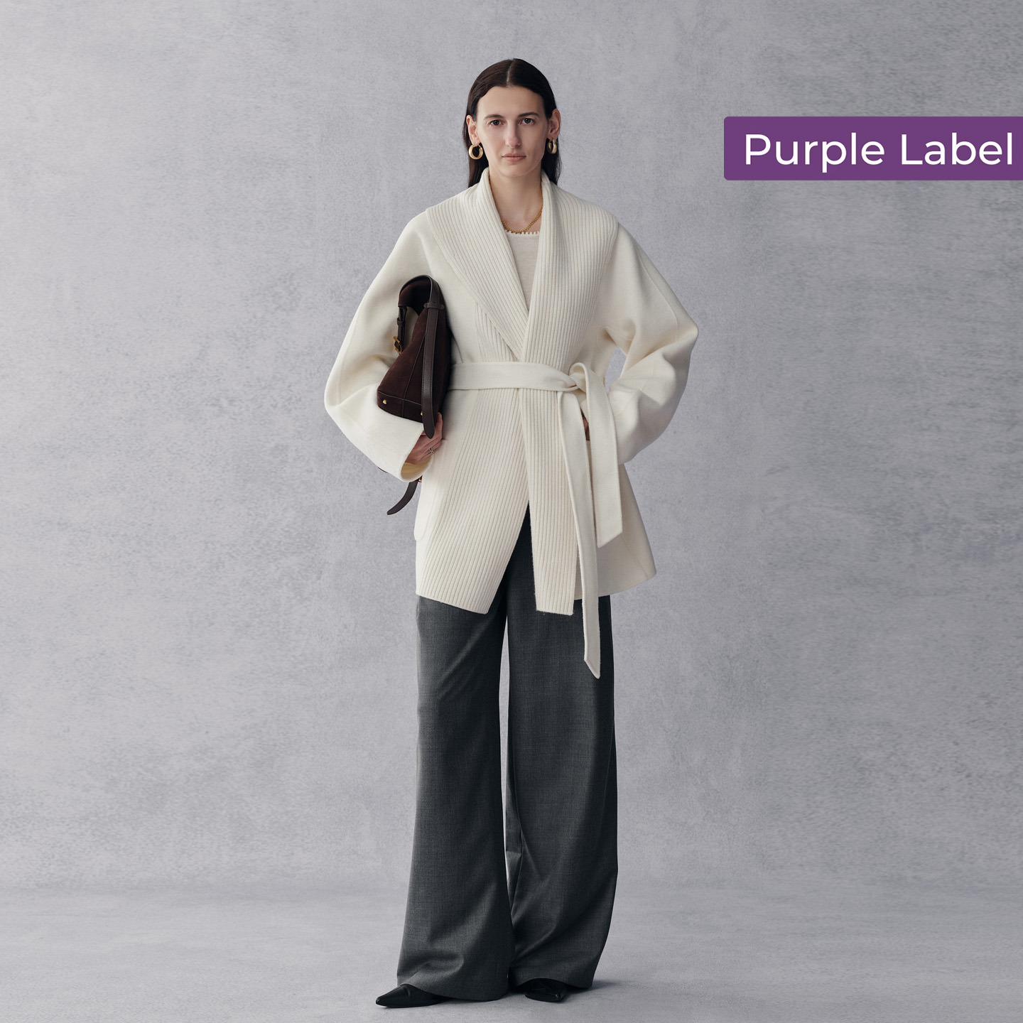 【商场同款】Fabrique紫标羊毛山羊绒针织青果领腰带大衣25年新品