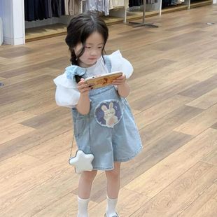 新款 洋氣兩件套可愛薄款 女童牛仔背帶短褲 套裝 2025夏季 童裝