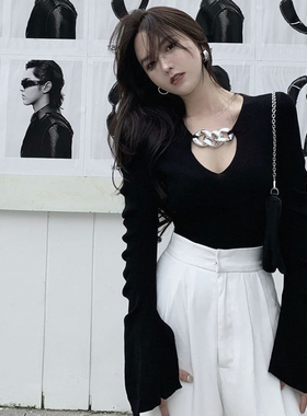 设计感黑色针织t恤女春秋紧身长袖V领内搭打底衫2026新款链条上衣