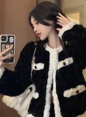 宽松加厚小香风外套女圆领黑色拼接保暖长袖秋冬减龄气质毛毛上衣