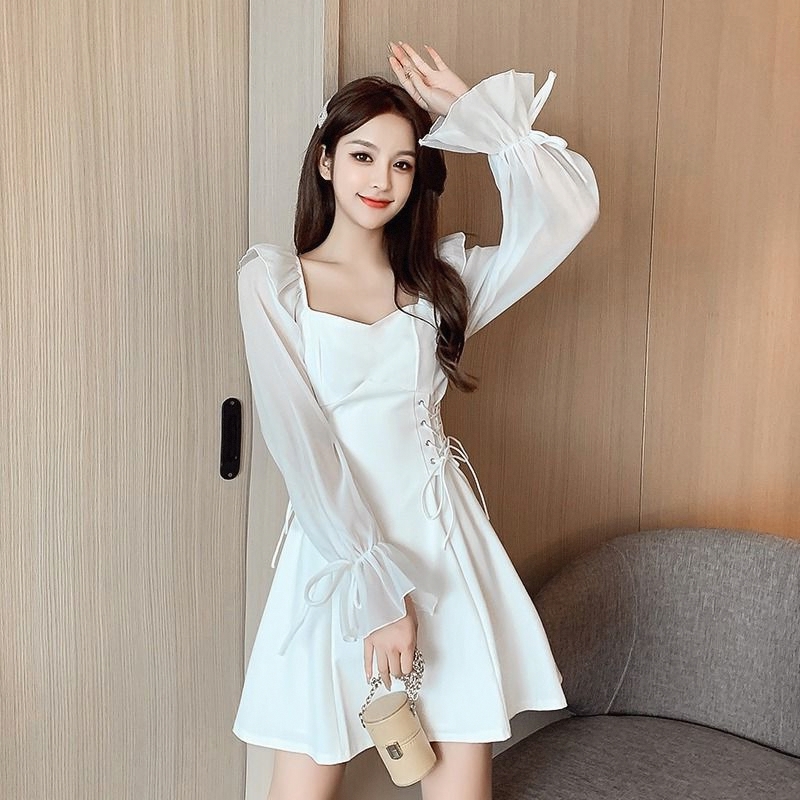 2025年春秋新款气质法式方领长袖雪纺拼接收腰显瘦小个子连衣裙女